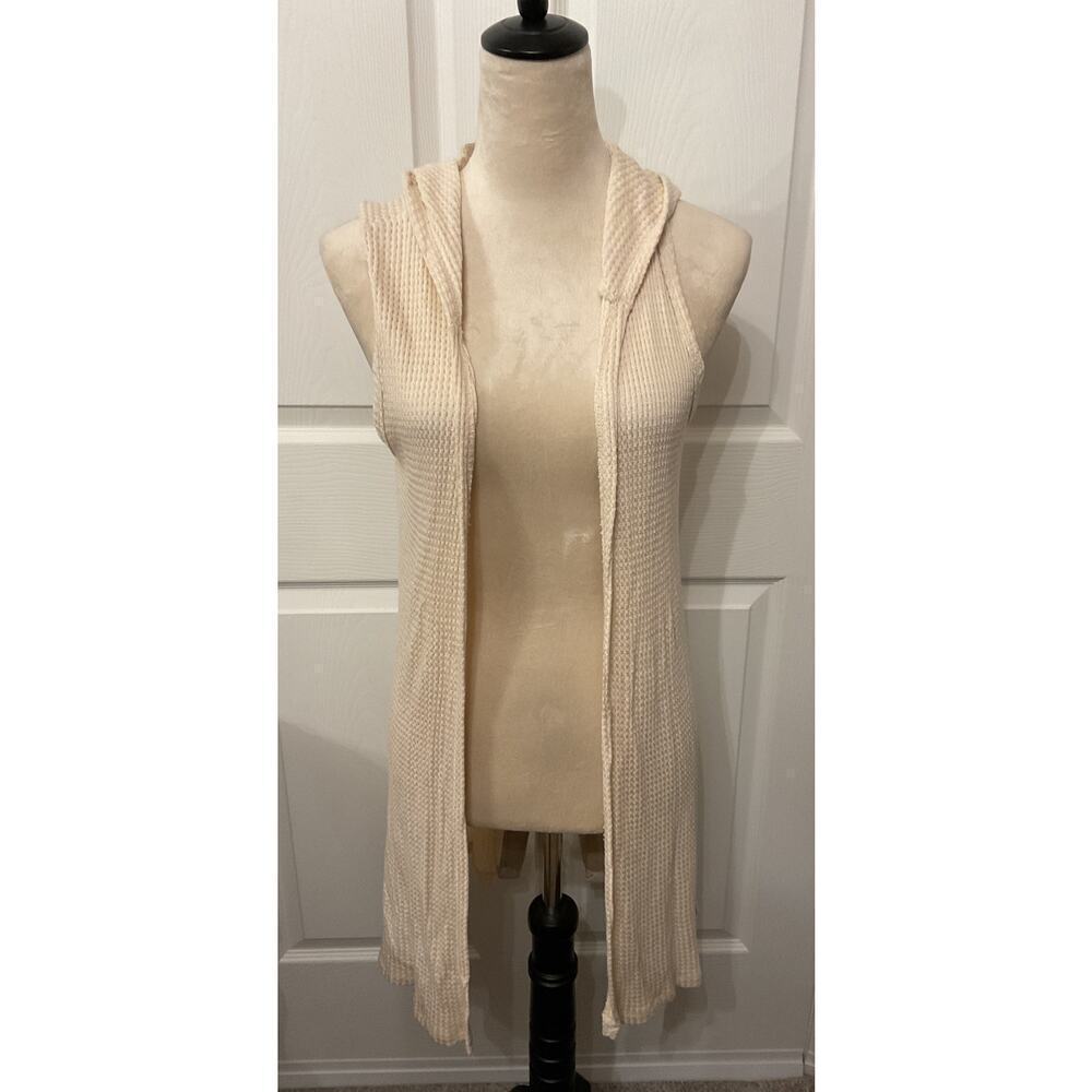 NWT Vocal Women's Cream Waffle Knit Hoodie Vest with Lace Up Back Details, S